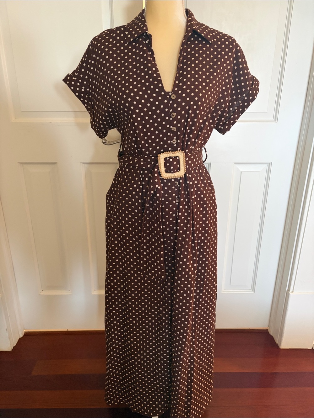 Zara Brown Polka Dot Maxi Dress with Ivory Buckle Belt
